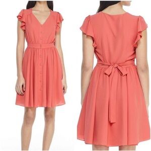 Gal Meets Glam Women's Bree Coral Dress Flutter Sleeve Midi Size 14